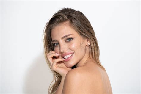 Beautiful Smiling Woman With Naked Shoulder Isolated On White Sensual Beauty Female Model Face