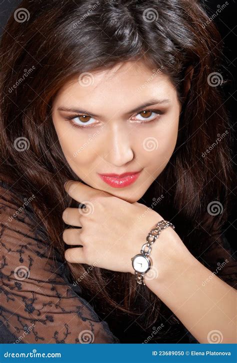 Portrait O Pretty Brunette With Watch Stock Photo Image Of Commercial Fashion