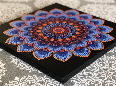 Blooming Dot Mandala Hand Painted On Black Stretched Canvas X In