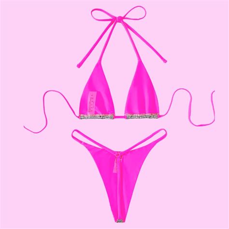 Glitter Embellished Thong Bikini Set Pink Sugar Fashion