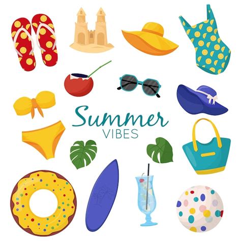 Premium Vector Set Of Cute Summer Elements Surfboard Cocktail Bag Hat Palm Tree Bikini Flip