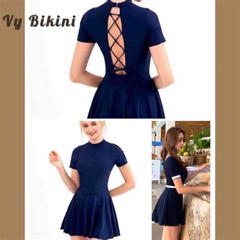 Bikini đồ bơi nữ 1 mảnh VY BIKINI váy liền thân ngắn tay kín đáo MS01
