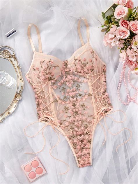 Florallove Embroidered Mesh Lace Up Teddy Bodysuit Lingerie Shein Uk