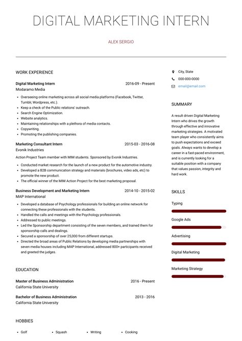 Digital Marketing Intern Resume Samples And Templates Visualcv