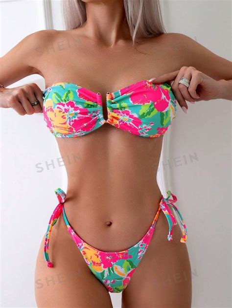 Shein Swim Summer Beach Floral Print Bandeau Tie Side Bikini Set