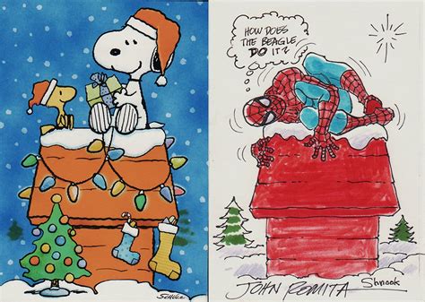Spider Man Snoopy Christmas Themed Hand Colored Card Nerd Crawler