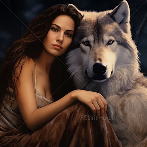 The Spirit Wolf And Woman Artwork Girl With Wolf Mystical Etsy