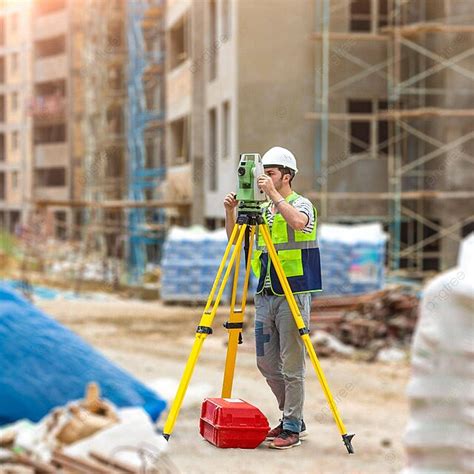 Fondo Trabajador De Topografía De Construcción En El Sitio De