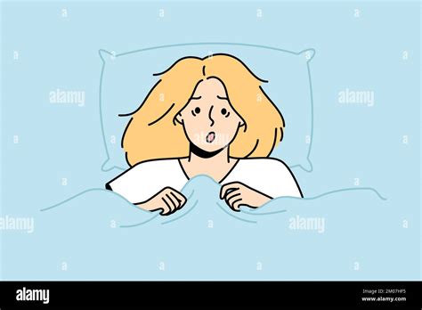 Portrait Of Shocked Blonde Lying In Bed At Home Astonished Woman Peeks Out From Blanket Girl