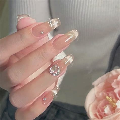 Handmade Nude Milky Cat Eye Ombre Diamond Glitter Press On Nails Ombre Nails Cat Eye Nails