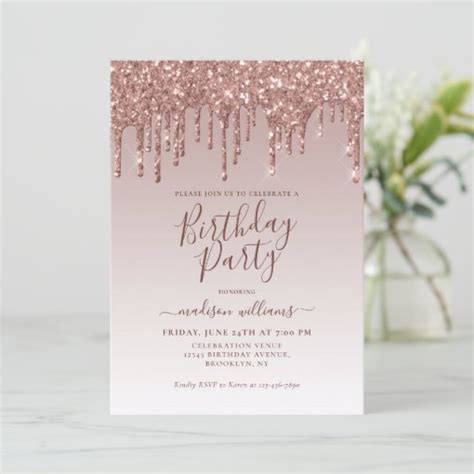 Pink Rose Gold Glitter Sparkle Dripping Birthday Invitation Zazzle