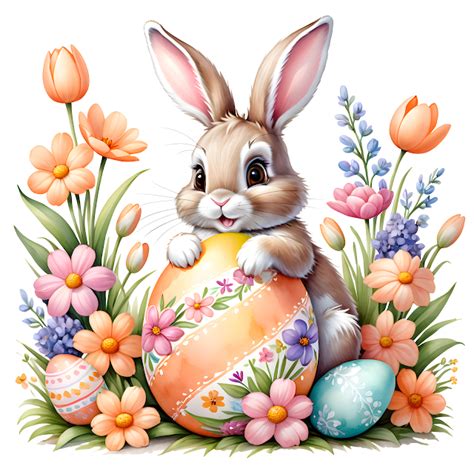 Пасхальный кролик обнимает большое пасхальное яйцо. Иллюстрации.