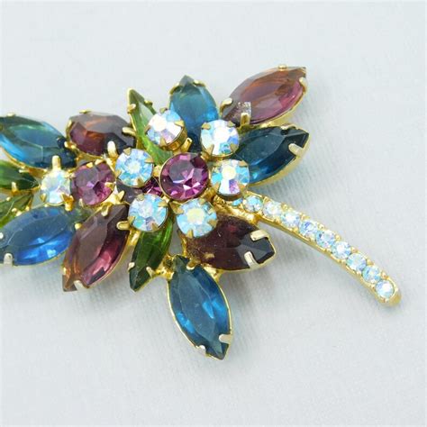 Vintage Rhinestone Brooch Rhinestone Leaf Mid Century Etsy