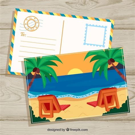 Mod Le De Carte Postale D T Dessin S La Main Avec Plage Et Coucher