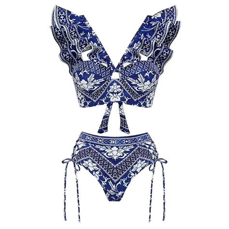 V Neck Ruffle Bikini Swimsuit High Waist Swimwear For Women Halter Cut Out Two Piece