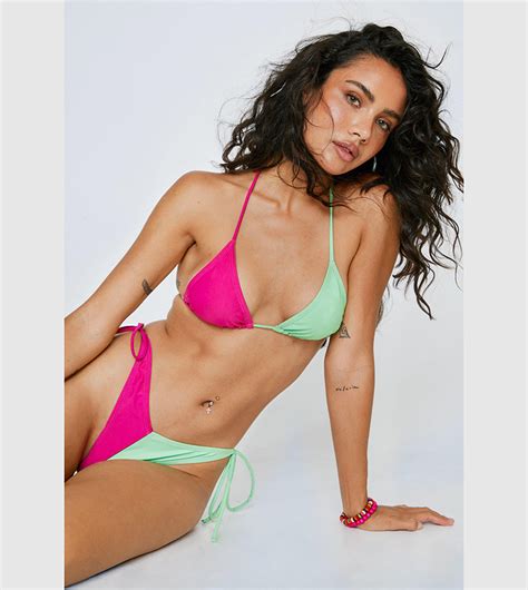 Buy Nasty Gal Recycled Color Block Triangle Tie Up Bikini Set In Green