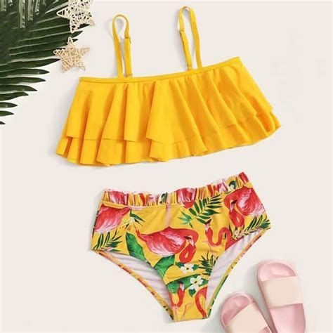 Meisjes Leaf Print Ruffle Bikini Twee Stuk Badpak Grandado
