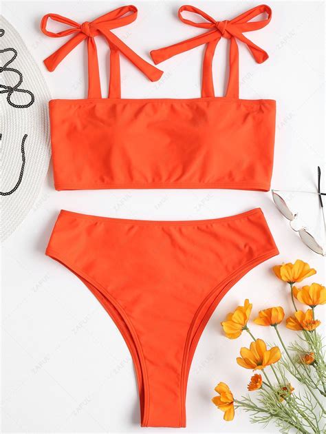 28 OFF 2021 Tie Shoulder High Leg Bikini In ORANGE ZAFUL
