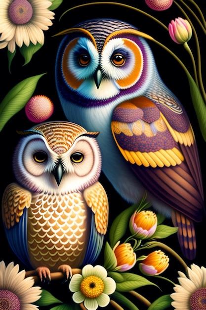 Free Photo A Painting Of Two Owls With Yellow Eyes And A Red Ball In