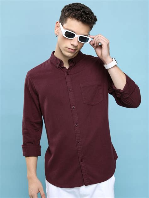 Buy Highlander Burgundy Solid Slim Fit Casual Shirt For Men Online At