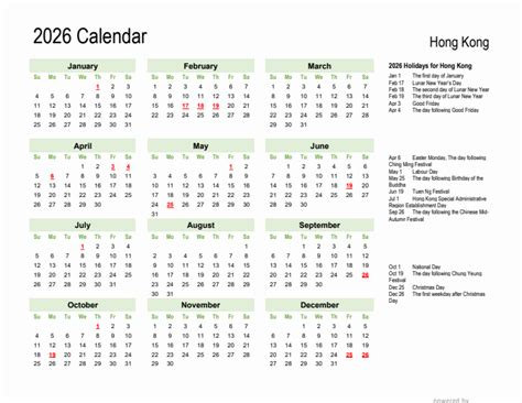 2026 Hong Kong Calendar with Holidays