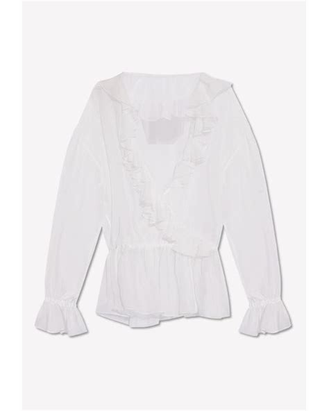 Dolce And Gabbana Semi Sheer Ruffled Silk Blouse In White Lyst