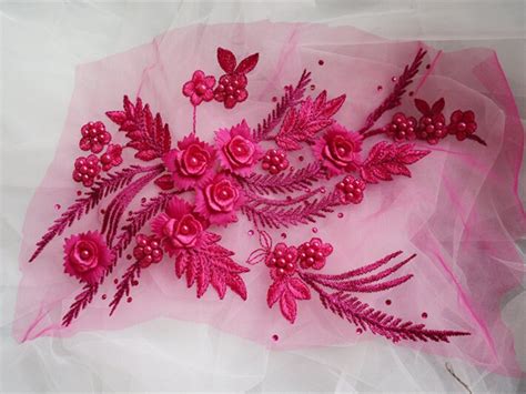 Hot Pink 3D Beaded Lace Applique With Embroidered 3D Flowers Etsy