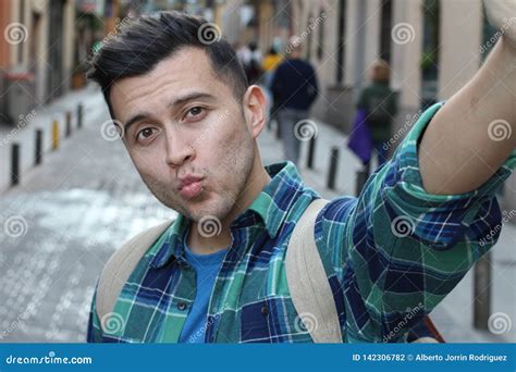 Guy Taking A Selfie With Ducks Lips Stock Photo Image Of Hispanic