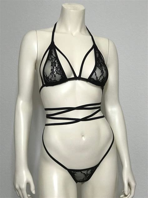 Black Lace G String Bikini Etsy