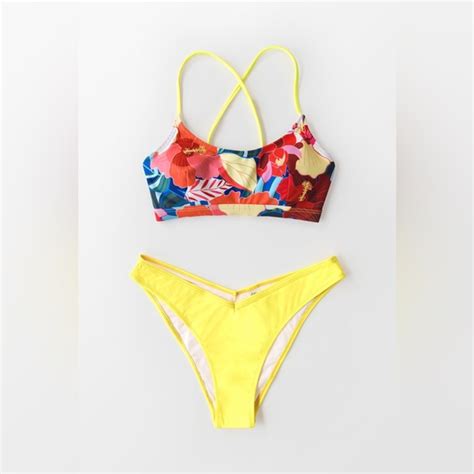 Cupshe Swim Cupshe Womens Bright Floral Bikini Criss Lace Up Back Low Cut V Bottom Size Xl