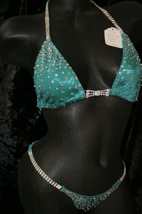 Style Jade Green Metallic Competition Bikini With Rhinestone Connectors Vandella Costumes