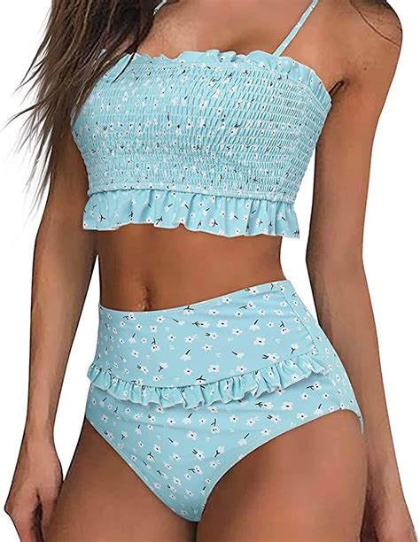 Mooslover Women S Shirred Bandeau Bikini Top High Waisted Bottom Piece Swimsuits Bikini Set