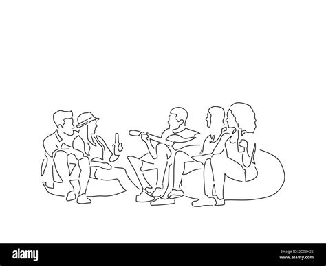 Group of friends having fun line drawing, vector illustration design ...