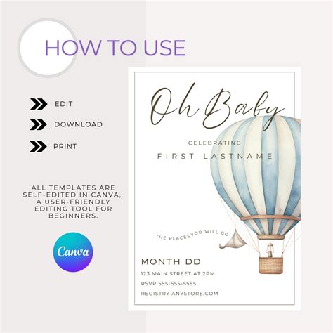 Hot Air Balloon Baby Shower Invitation Template Etsy