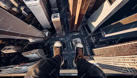 Premium Photo A Person Standing On A Ledge Looking Down At A Building