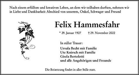 Traueranzeigen Von Felix Hammesfahr Vrm Trauer De