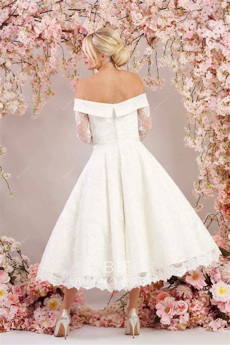 Timeless Off-Shoulder 3/4 Sleeve Custom Lace Tea-Length Wedding Dress