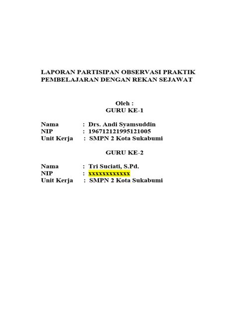 Laporan Partisipan Observasi Praktik Pembelajaran Dengan Rekan Sejawat