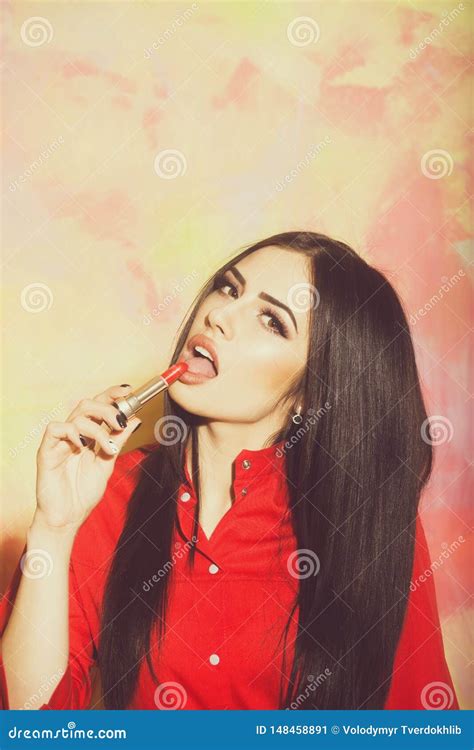 Pretty Brunette Woman With Fashionable Red Lipstick Stock Image Image Of Beauty Girl