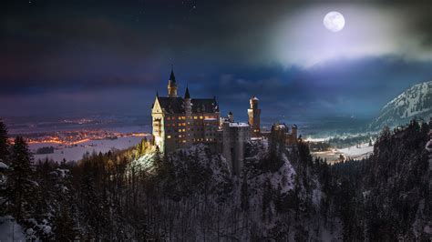 Neuschwanstein Castle Full Moon Night Wallpapers 2048x1152 911139