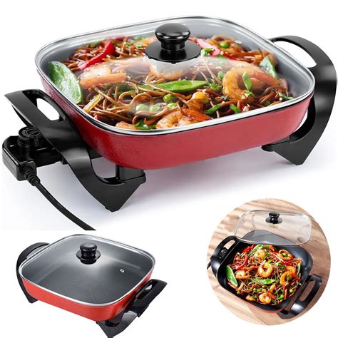 Lasieyo Electric Skillet Deep Non Stick Electric Hot Pot Skillet With Glass Cover Square