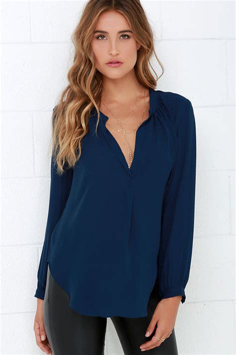 Chic Navy Blue Top Long Sleeve Top Deep V Top 44 00 Lulus