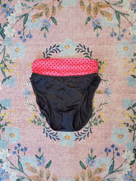 Vintage S S Black Hot Pink Polka Dots Bikini Bottoms High Cut Legs High Waist Medium