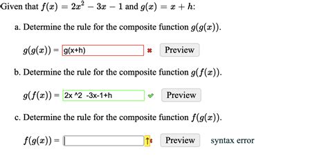 Solved Given that f(x)=2x2-3x-1 ﻿and g(x)=x+h ﻿:a. | Chegg.com