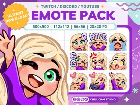 Twitch Emotes Pack Of Chibi Girl Emotes With Blonde Hair Green Eyes And Ivory Skin Tone