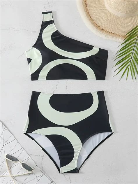 Allover Circle Print Asymmetric One Shoulder Piece Set Bikini