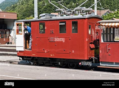 Swiss electric loco on narrow gauge mountain railwaywilderswil,station ...