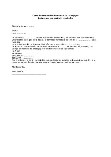 Doc Carta De Terminación De Contrato De Trabajo Por Justa Causa Por Parte Del Empleador