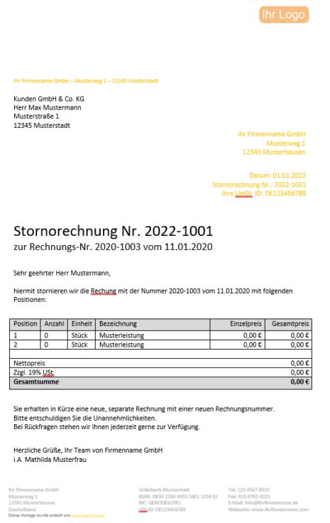 Stornorechnung Mit Vorlage Erstellen