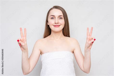 Naked Girl In Towel Shows Gesture Peace Portrait White Background